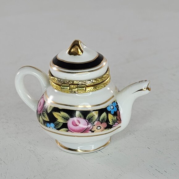 Miniature Floral Porcelain Teapot Trinket Box With Gold Trim - Picture 8 of 8